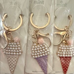 Ice Cream Cone Keychain Set with Pearls. Set in Gold Tone Hardware. NWT.